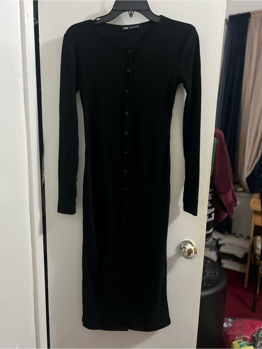 Zara Black Long-Sleeve Ribbed Button-Front Dress
